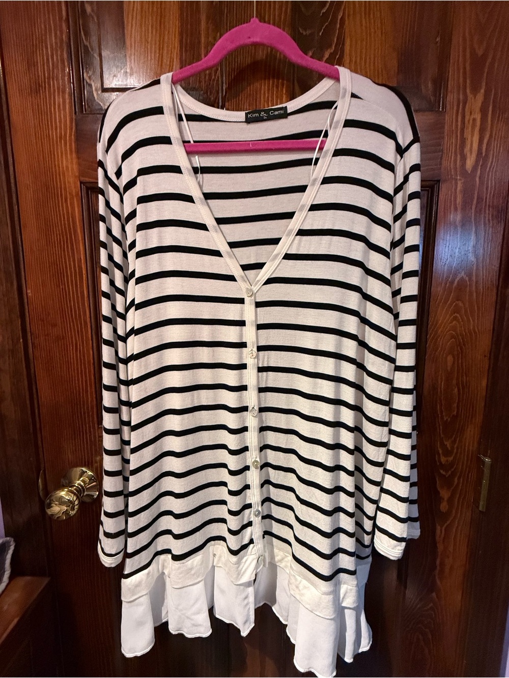 Kim & Cami Black and White Striped Button-Front Tunic with Layered Hem